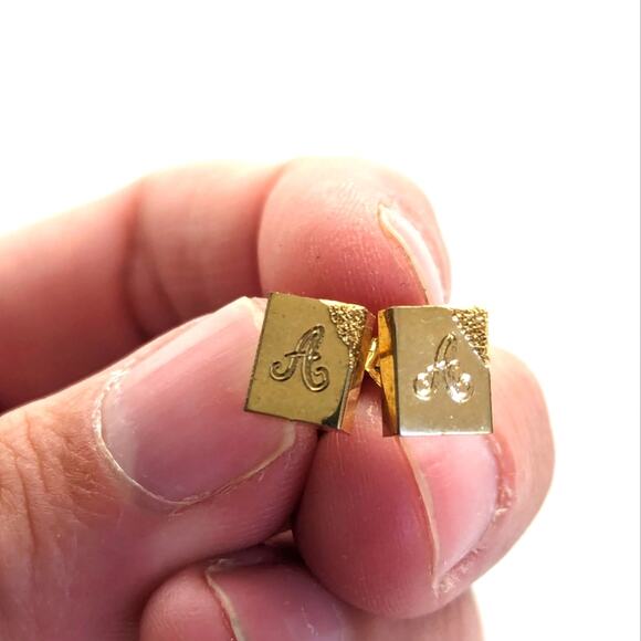 Vintage Dainty Delicate Rectangle "A" Initial Textured Gold Tone Stud Earrings - Picture 4 of 4